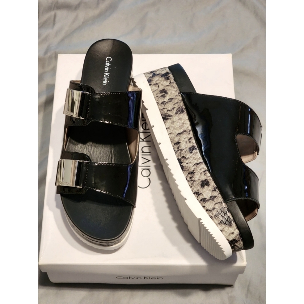 Brand New Calvin Klein Casely Women's Platform Slides Nappa Leather Snak…